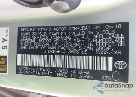 2018 Toyota Prius Two from USA, damaged, VIN JTDKBRFU4J3603163
